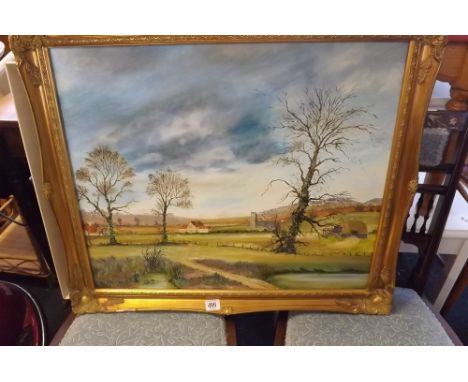 MODERN GILT FRAMED LANDSCAPE IN OIL &amp; A SPANISH FRAMED PRINT