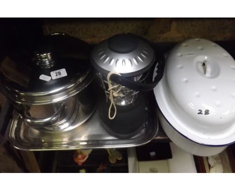 WHITE ENAMELED PAN, STAINLESS STEEL SAUCEPAN &amp; TRAY &amp; A WINDUP CAMPING LIGHT