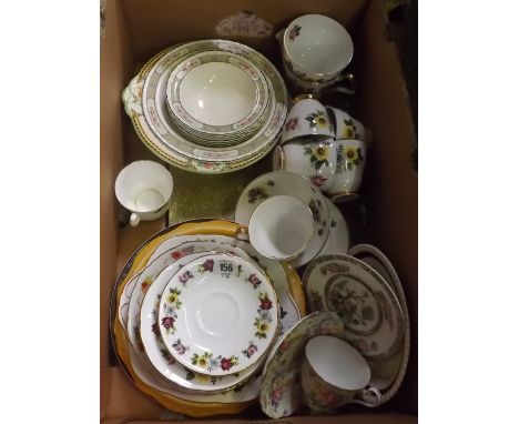 CARTON WITH MIXED CUPS &amp; SAUCERS INCL: PRETTY FLOWERS BY WINDSOR BONE CHINA &amp; OTHER CEREAL BOWLS &amp; SOUP PLATES