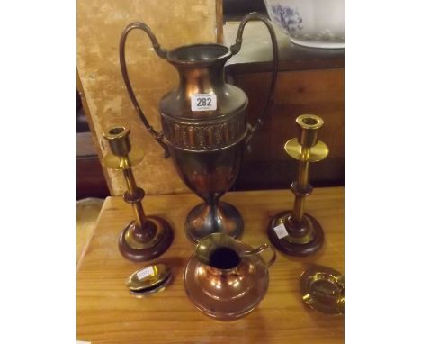 SHELF OF BRASS &amp; COPPER WARE WITH URN,CANDLE STICKS ETC