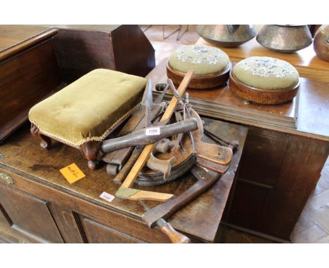 A mixed lot of assorted items including embroidered foot stools, tools, saw, bellows etc