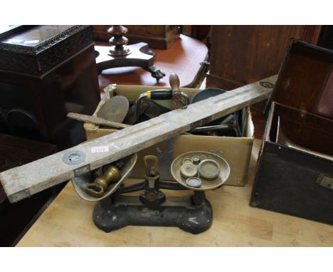 Assorted metal wares including tools, scales etc