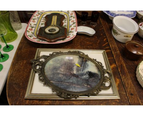 An oak and glass barometer; a large pottery meat plate; two ruby glass vases; a watercolour study by Tony Boulton etc.