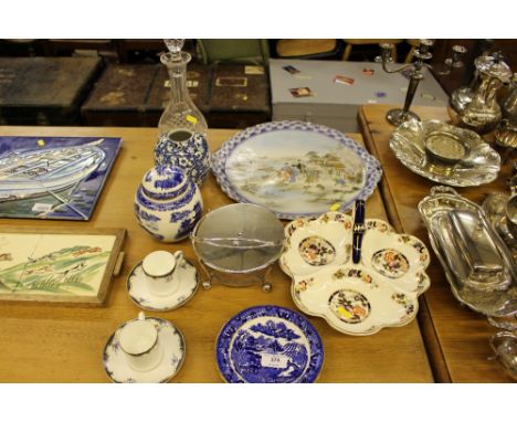 A Masons ironstone hors 'd oeuvres dish; an Oriental tray; a glass decanter and stopper; two ginger jars; two Wedgwood 'Chart