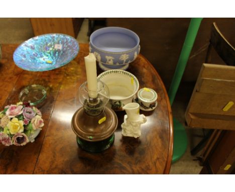 A Wedgwood Jasperware pedestal bowl; an oil lamp; a white glazed Toby jug and two items of Portmeirion 'Botanic Garden' china