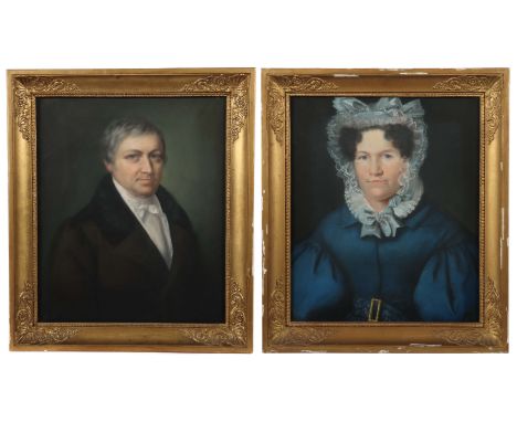 Maler des 18./19. Jh.Eheleute Michel, "Anna Katharina Michel geb. Reinhardt", Halbportrait in blauem Kleid und einer Haube, v