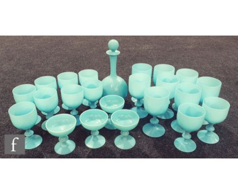 A part suite of 19th Century blue opaline drinking glasses to comprise eight red, ten white, four champagne and a globe and s