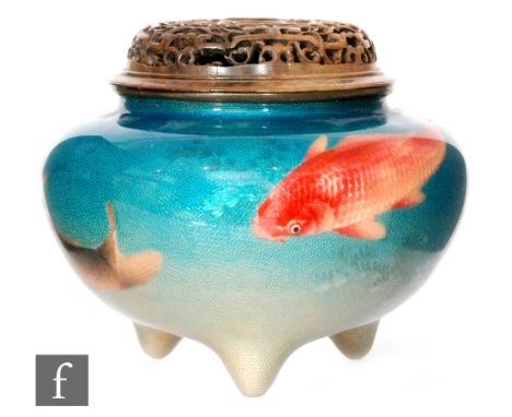 A Japanese Meiji (1868-1912) period ginbari enamel koro, the bombe shaped vessel raised on three tapered supports, the gradua