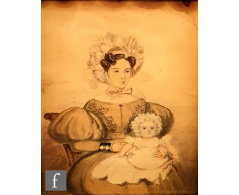 ENGLISH NAIVE SCHOOL - A young mother with her baby, watercolour, framed, 20cm x 16.5cm, also companion portrait of a seated 