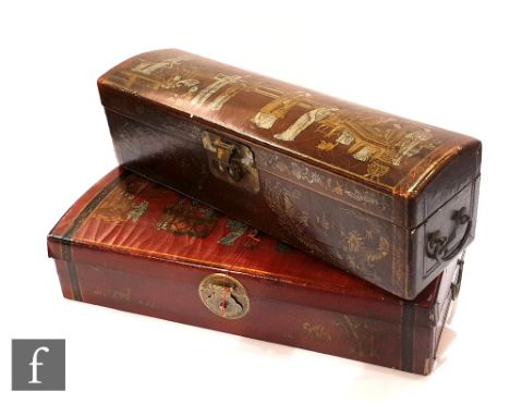 Two Chinese red lacquered document boxes, to include an oblong domed top scroll box, 16cm x 61cm x 17cm, and a rectangular fo