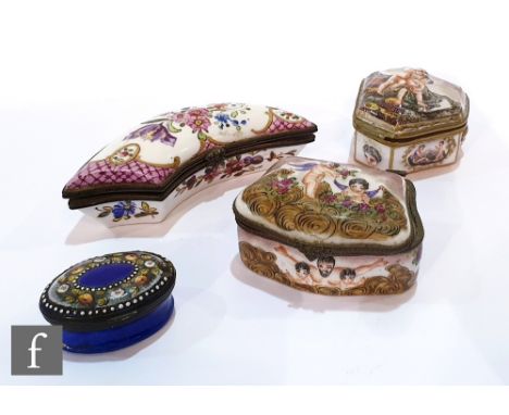 A collection of 19th and 20th Century porcelain and enamel patch boxes, to include two Capodimonte examples, each painted wit