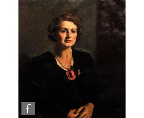 AILEEN DENT (1890-1978) - Portrait of a lady wearing a black dress and pearl necklace, half length, oil on canvas, signed, fr