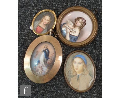 AFTER RAPHAEL - 'Madonna of the Grand Duke', watercolour on ivory, oval framed, 5.5cm x 4cm, also three other miniatures afte