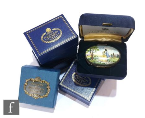 Six Halycon Day enameled boxes to include Christmas 1976 and 1982, with two Bilston enamel boxes (8) 