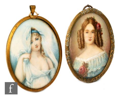 ENGLISH SCHOOL (CIRCA 1900) - Portrait of a young lady with hair in ringlets, watercolour on ivory, oval, framed, 9cm x 7cm, 