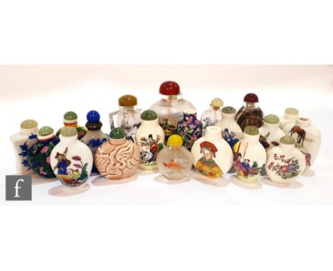 An assorted collection of twenty 20th Century Chinese snuff bottles of varying form, to include porcelain examples enamel dec
