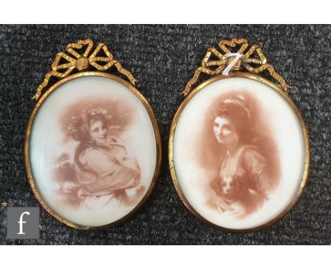 An early 20th Century miniature portrait of Lady Hamilton after George Romney, sepia print on opaque glass, oval, framed, 9cm