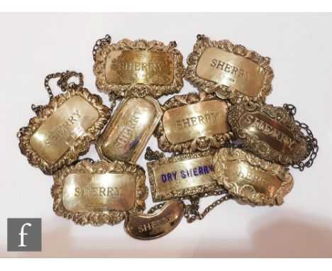 Ten hallmarked silver decanter labels, all sherry, various styles and dates. (10) 
