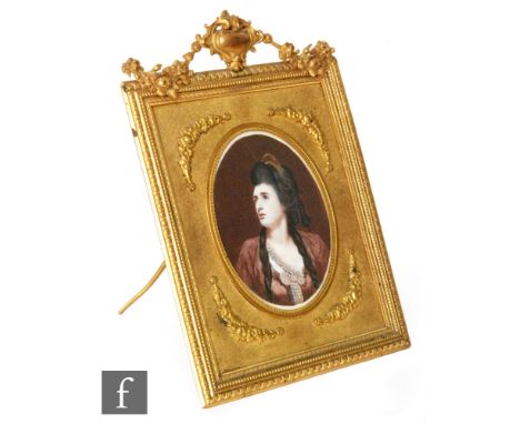 MANNER OF SIR JOSHUA REYNOLDS - Portrait of a young lady with plaited hair, a watercolour miniature on ivory, oval, framed, 1