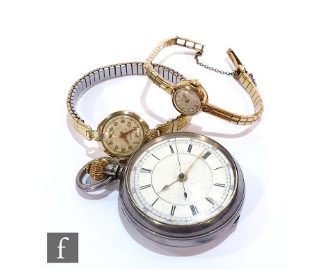 A 9ct ladies Tissot wrist watch, all to a 9ct strap total weight 16.5g, with a similar Pioneer ladies watch and a silver chro