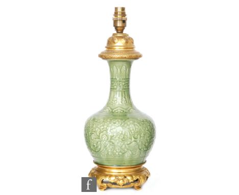 A late 19th to early 20th Century Sevres Chinese style celadon glazed vase converted to lamp base, possibly Paul Milet, the b