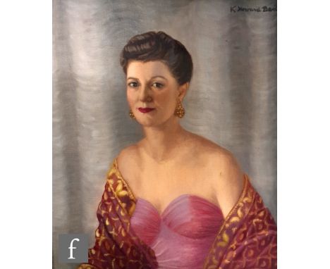 K HOWARD BENT (MID 20TH CENTURY) - Portrait of an elegant lady wearing a pink gown, half length, oil on canvas, signed and da