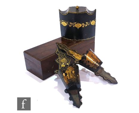 A small 19th Century toleware black and gilt overpainted tea caddy, height 9cm, a small rosewood beaded edge trinket box and 