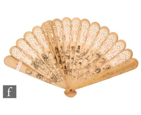 An early 20th Century carved and pierced wooden fan, each stick decorated with sketches of Dickens type characters, length 23