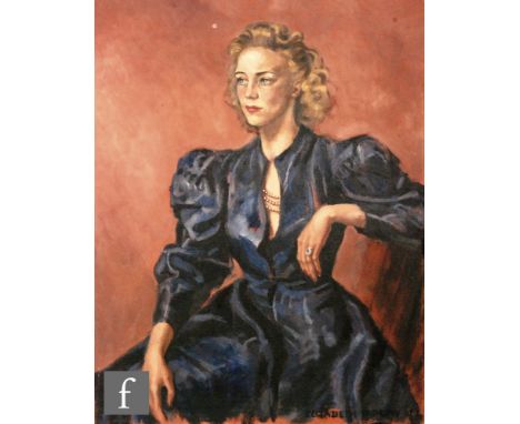 ELIZABETH TAPLEY (MID 20TH CENTURY) - Portrait of a lady wearing a blue ballgown, three quarter length seated, oil on canvas,