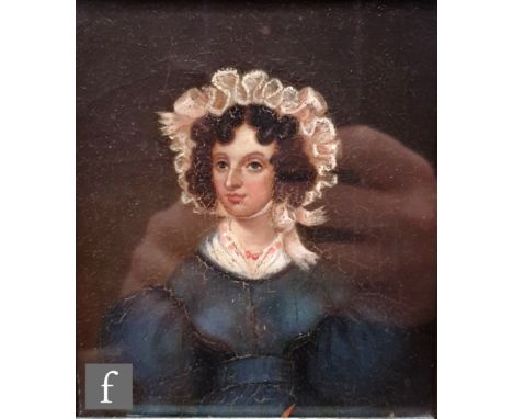 ENGLISH SCHOOL (MID 19TH CENTURY) - Portrait of a lady wearing a bonnet and blue dress, half length, oil on canvas laid down 