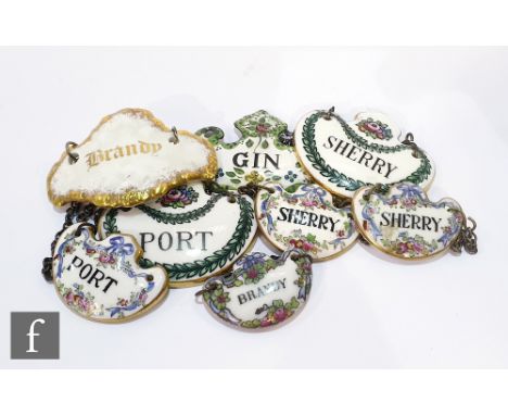 Seven assorted 19th Century and later decanter labels with an enamelled example to include three sherry, two port, two brandy