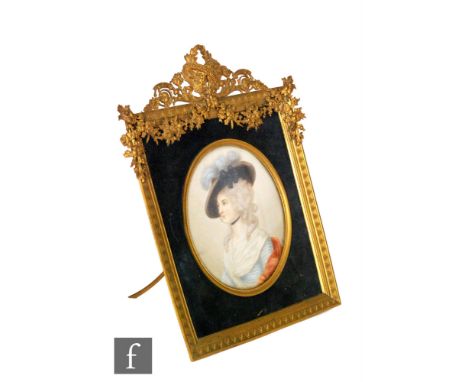 AFTER THOMAS GAINSBOROUGH - Portrait of Mrs. Siddons, watercolour on card, oval, in ornate gilt metal frame with stand, 10cm 