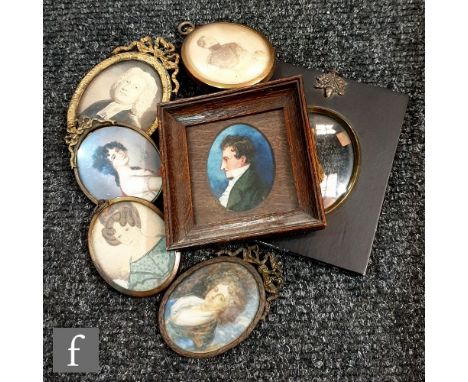 MANNER OF HORACE HONE - Portrait of a lady, long bust length, watercolour on ivory, framed, 6cm x 5cm, also five other variou