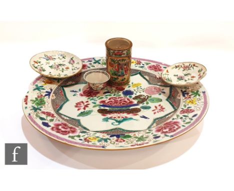 A collection of Chinese 18th to 19th Century famille rose porcelain items to include an 18th Century export porcelain charger