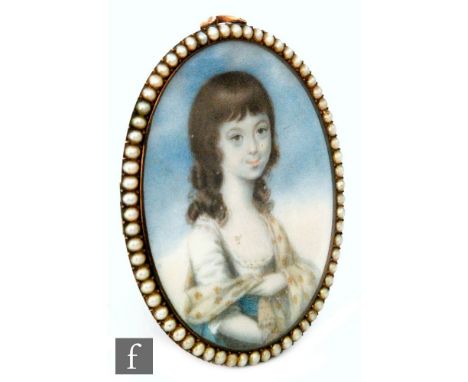 CIRCLE OF NATHANIEL HONE, RA (1718-1784) - Portrait of a little girl wearing a blue dress and shawl, watercolour on ivory, ha