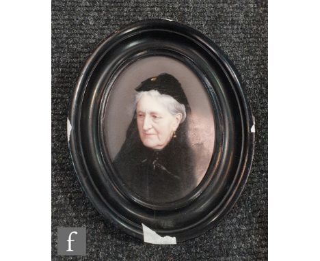 GERMAN SCHOOL (LATE 19TH CENTURY) - Portrait of an elderly lady wearing widow's weeds, oil on ceramic plaque, signed indistin