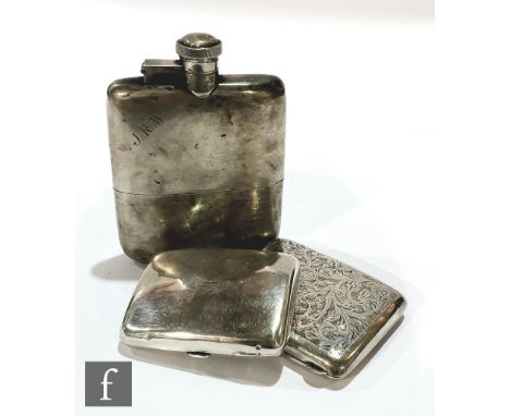 A hallmarked silver cushioned rectangular hip flask, height 13cm, Sheffield 1933, with two silver cigarette cases. (3) 