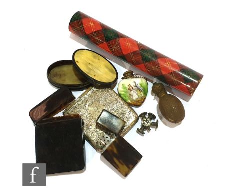 A 19th Century plain tortoiseshell card case, a similar lighter, an oval horn snuff box, a silver card case base, a tartanwar