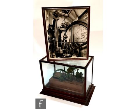 An engineers scale model of a live steam beam engine, within oak framed and glazed case, case height 26.5cm and width 36cm, c