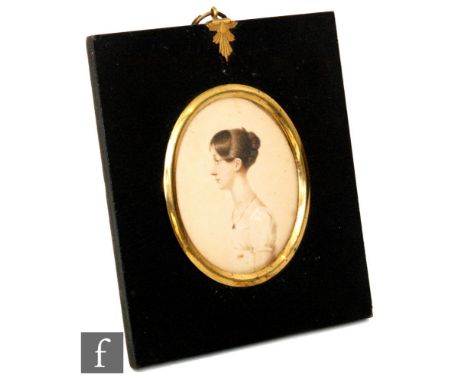 ENGLISH SCHOOL (c.1810) - Portrait of a young lady wearing a white slip dress and pendant, half length, watercolour on paper,
