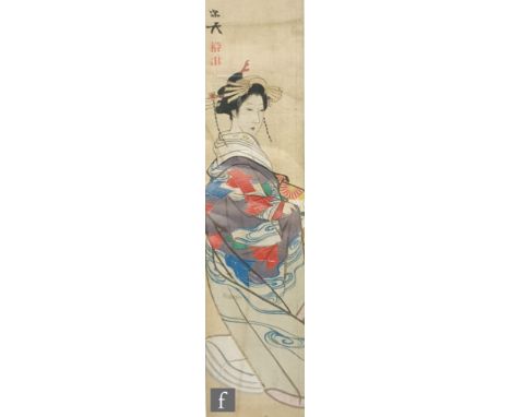 A collection of early 20th Century Japanese silk  drawings to include two depicting Geisha dressed in elaborate kimono, 24cm 