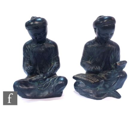 After R W Stinbrod - A pair of bronzed pottery figures of seated Chinese scholars, one with an abacus and the other with a ta
