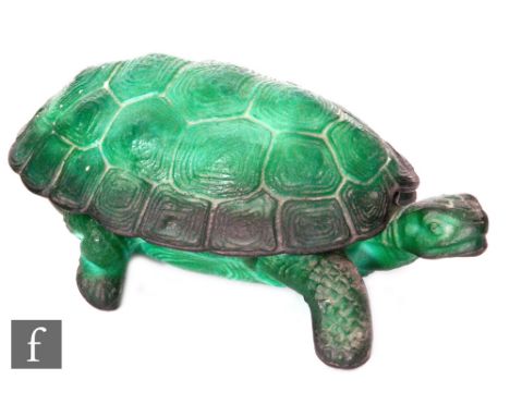 A 1930s Art Deco Malachite glass trinket box in the form of a tortoise, length 20cm. 