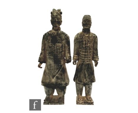 Two Chinese 20th Century Terracotta Warrior figures, both standing, the first with character marks to base, height 38cm, S/D.