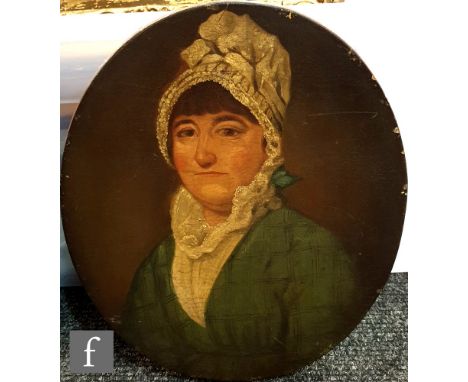 ENGLISH SCHOOL (MID 19TH CENTURY) - Portrait of a lady wearing a blue coat and bonnet, half length, oil on canvas laid on boa