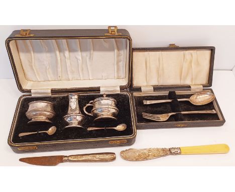 SILVER 1947 5 PIECE CRUET SET, 1960 SPOON AND FORK SET AND 2 SILVER KNIVES