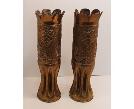 2 WW1 TRENCH ART BRASS SHELLS, 12" TALL