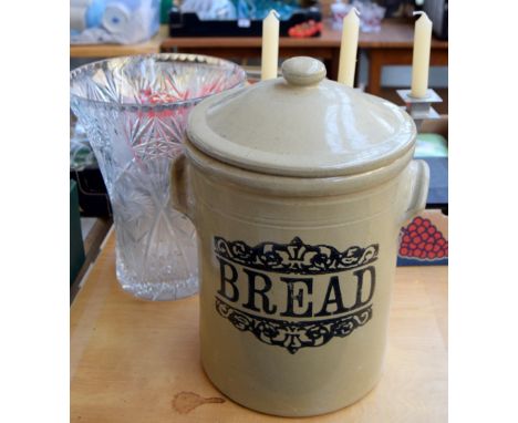 A ceramic stoneware 'Bread' bin, a cut glass vase and a stainless steel candlestick for three candles