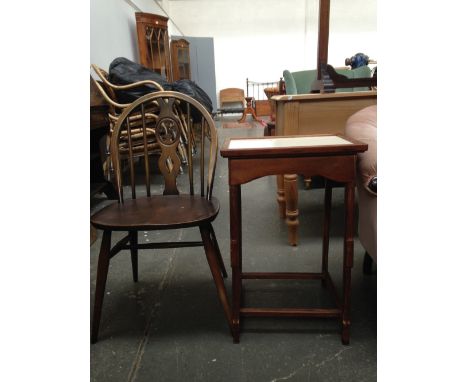 A splat back occasional chair with pierced splat back and rails, 84cmH, together with an occasional table with white enamel t