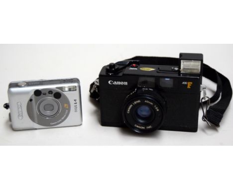 A 1970s Canon A35F camera with Canon 40mm 1:2.8 lens, together with a Canon IXUS L-1 camera with Canon 26mm 1:2.8 lens